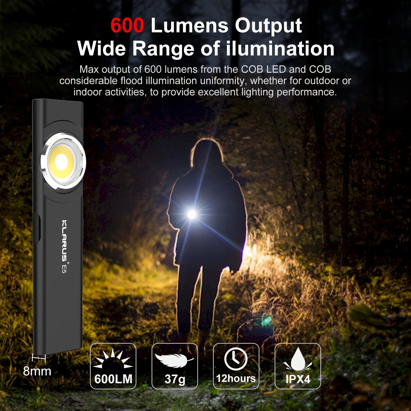 Linterna de trabajo recargable COB con base magnética y clip 470 lúmenes recargable por USB emergencia mantenimiento camping senderismo