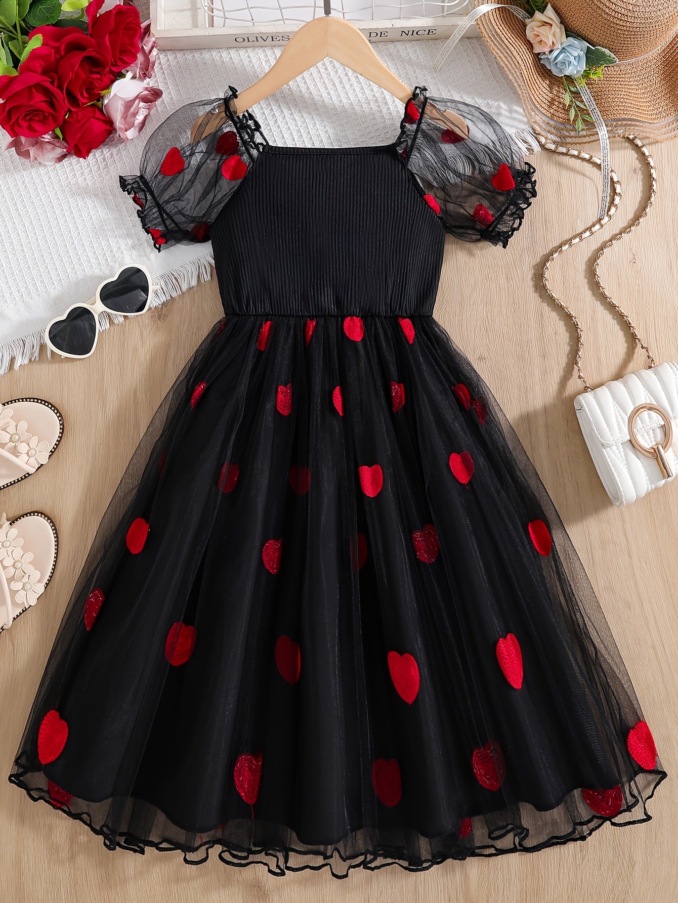 Girls' Summer Black and Red Heart Mesh A-Line Dress for Parties and Outings