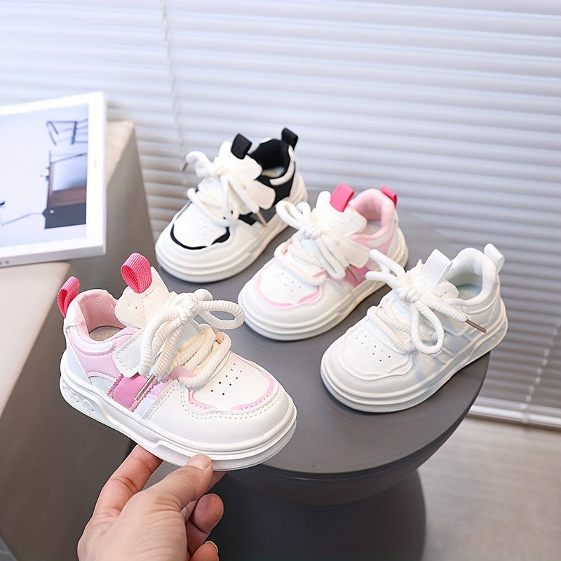 Kids White Casual Sneakers for Girls with Pink and Black Accents, Hook-and-Loop Closure