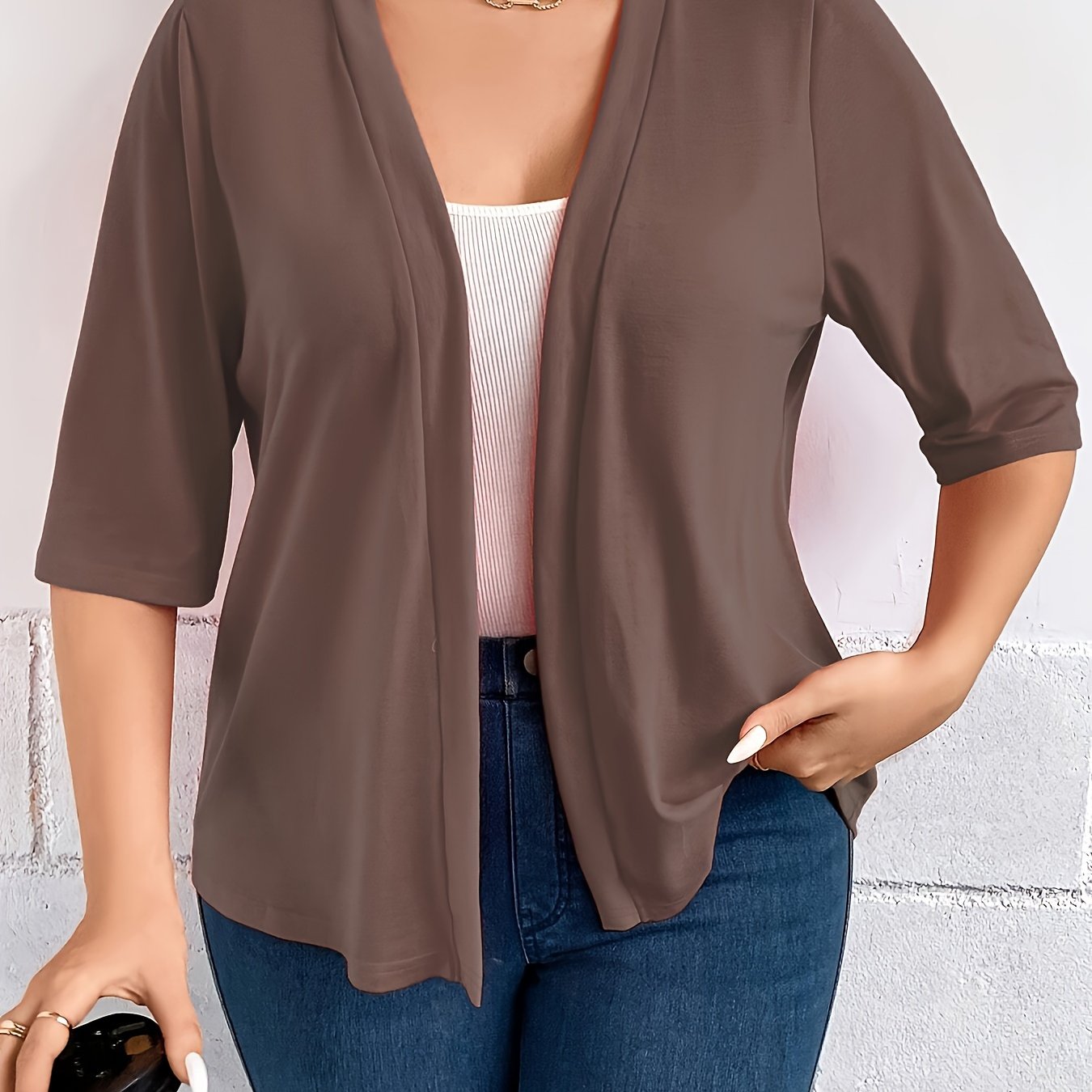 Plus Size Knit Open Front Cardigan Casual Half Sleeve Winter Fall Clothing