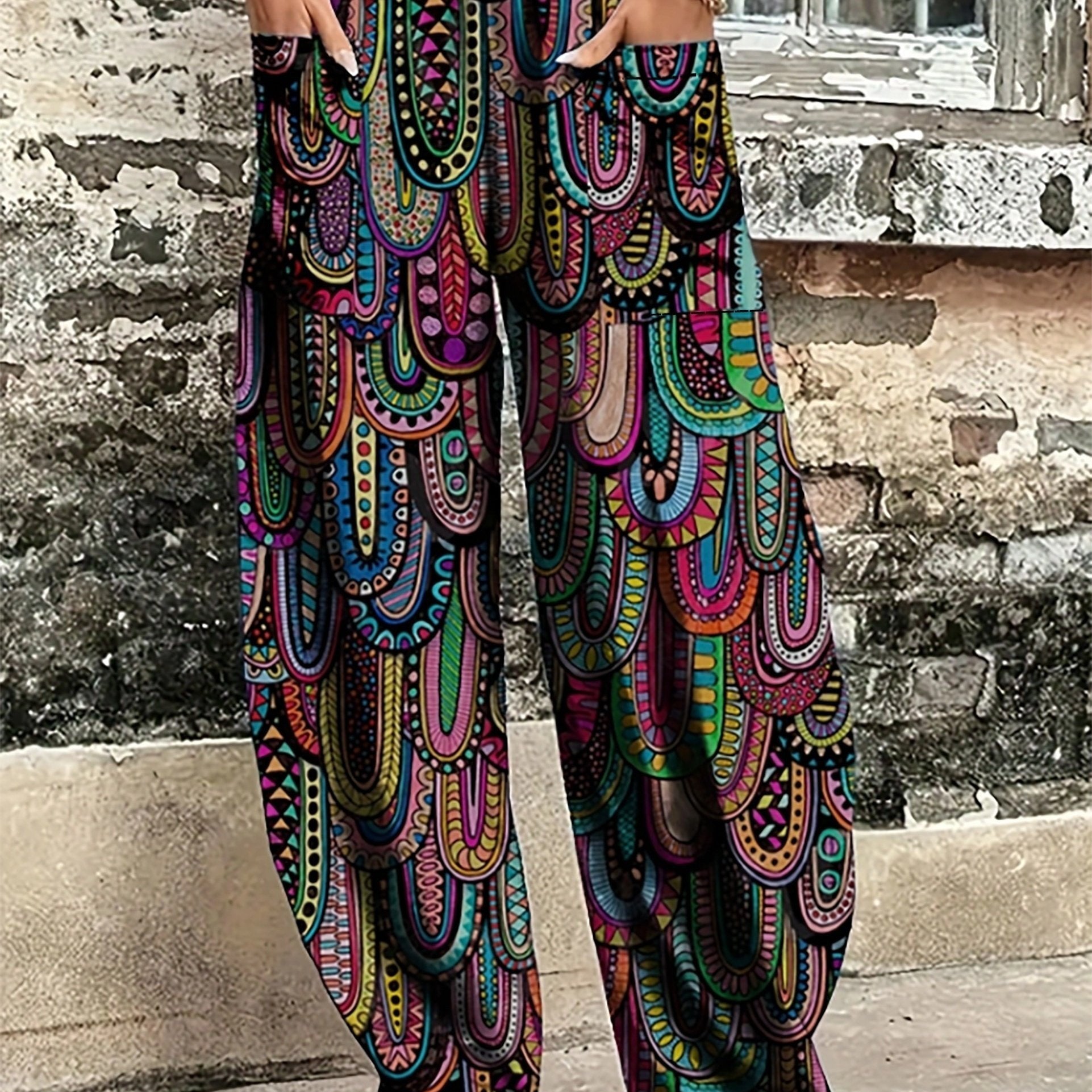 Pantalones anchos de mujer talla grande con estampado geométrico en bloques de color, cintura elástica, ropa casual