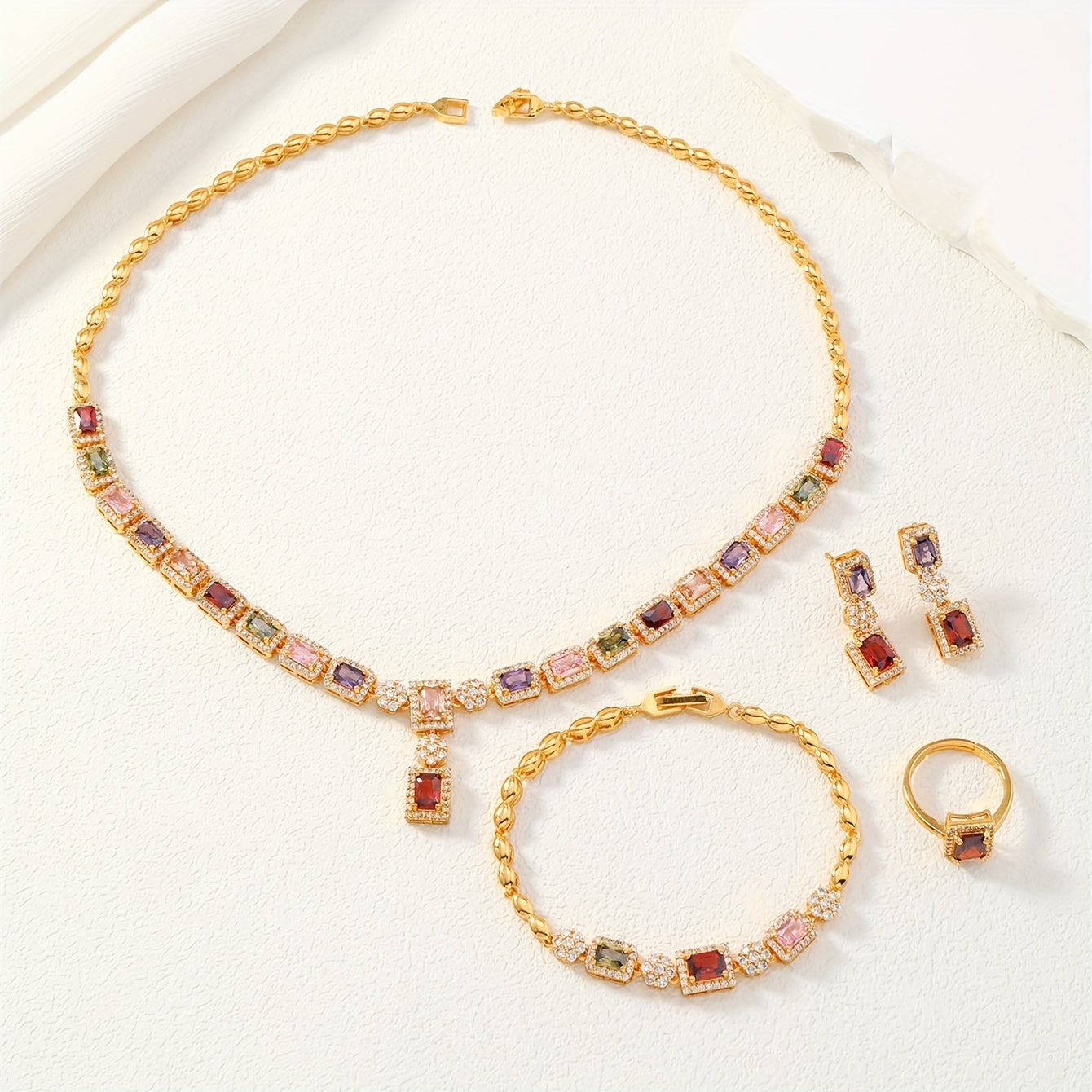 4-Piece Jewelry Set Vintage Gold-Plated Copper with Colorful Cubic Zirconia for Women