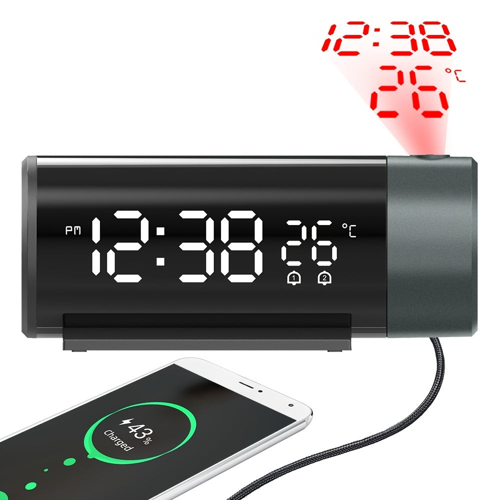 Digital Projection Clock with Dual Alarms Sleep Function USB Powered Time and Temperature Projection