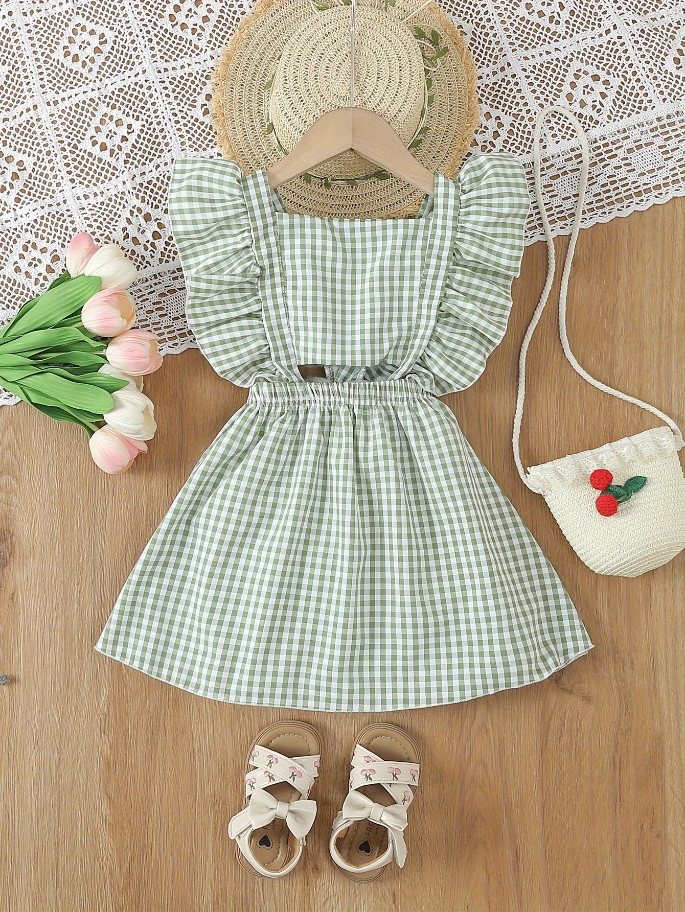 Kids' Summer Plaid Dress with Ruffle Sleeves for Children