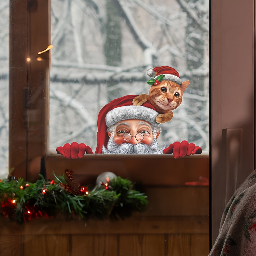 Contemporary Santa and Kitten Christmas Window Cling Festive Holiday Decor