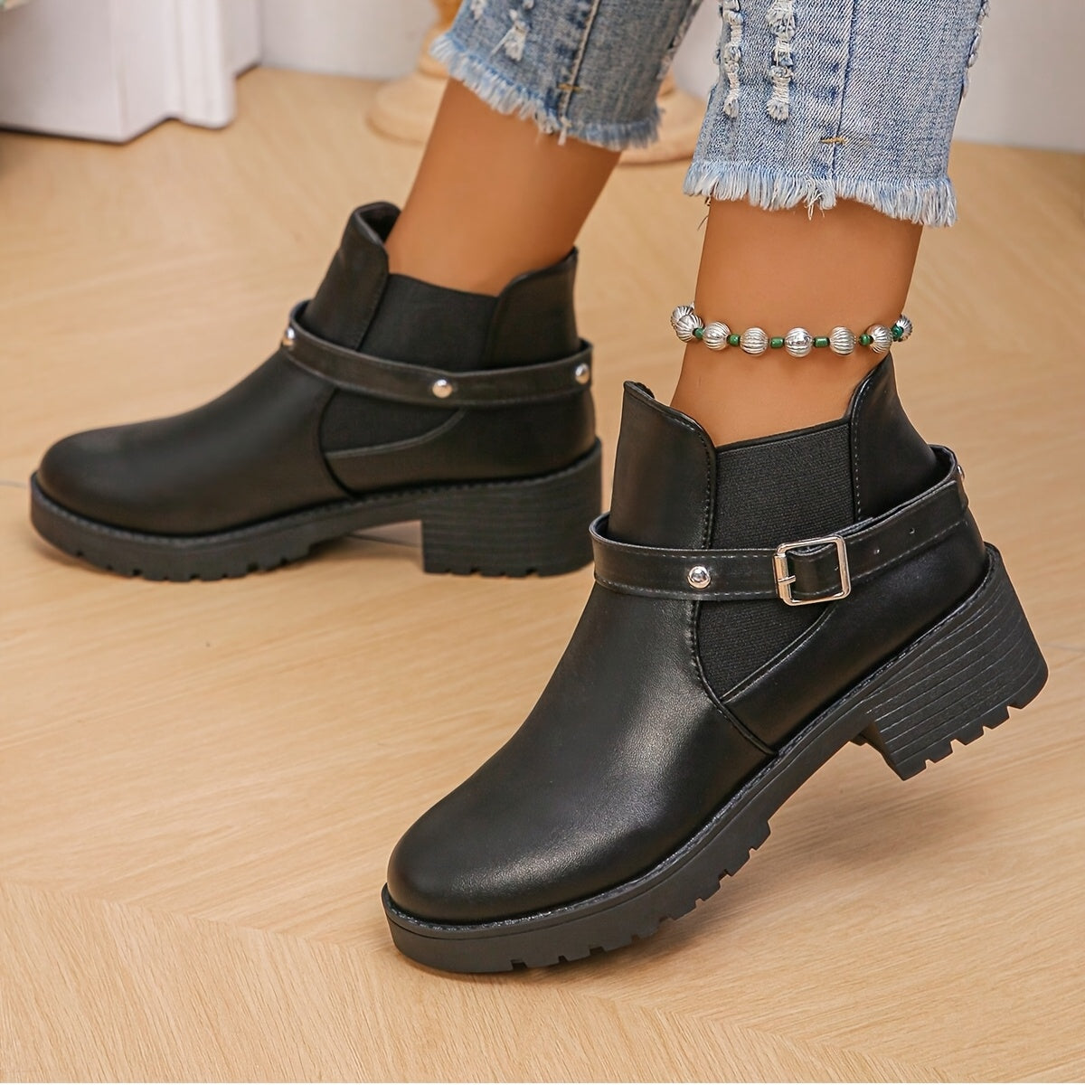 Women's Black Faux Leather Ankle Boots With Chunky Heel