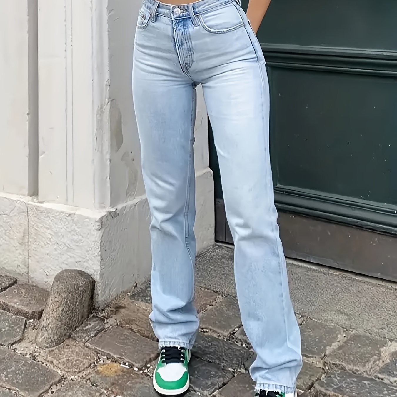 Jeans rectos de mezclilla casual de tiro alto y lavado claro para mujer con bolsillos con abertura