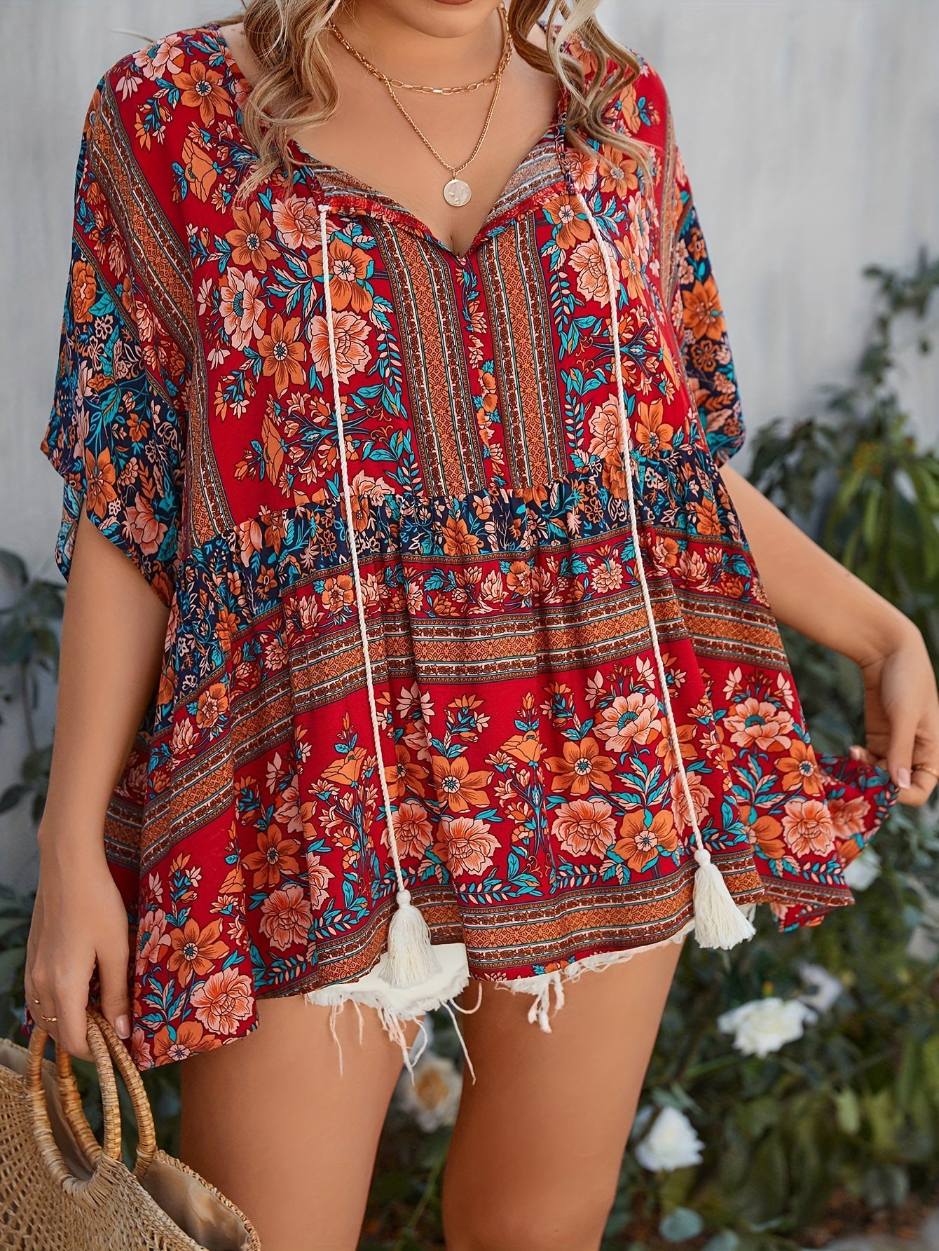 Women's Plus Size Floral Print V-Neck Short Sleeve Top