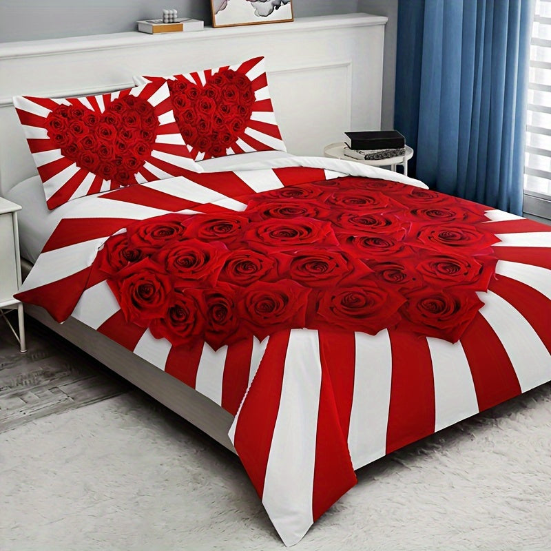 Red and White Rose Floral Print Bedding Set 3 Pieces Duvet Cover and Pillowcases