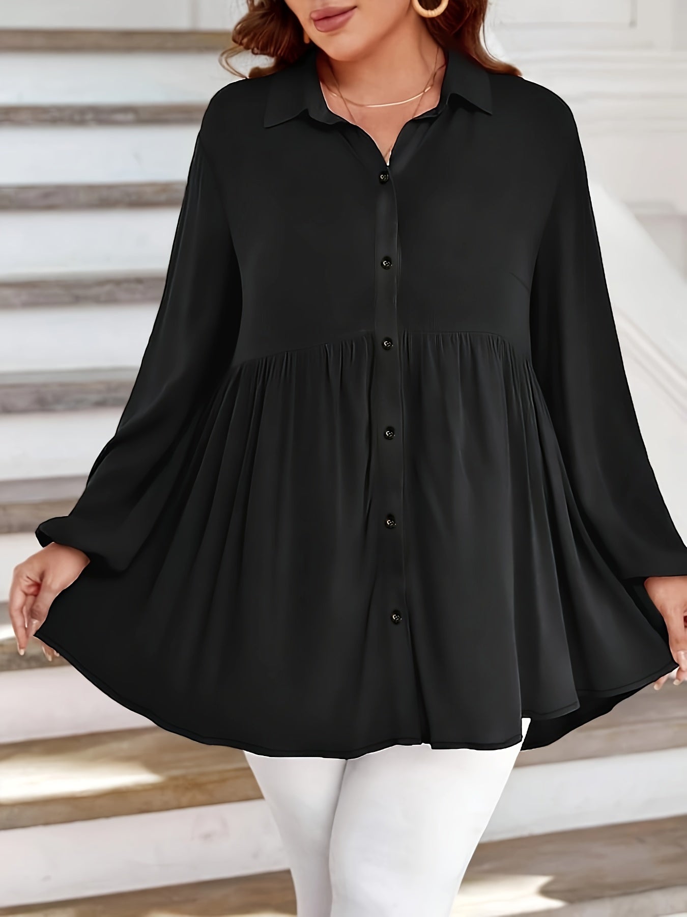 Plus Size Solid Color Lantern Sleeve Blouse with Button Front and Collar for Women