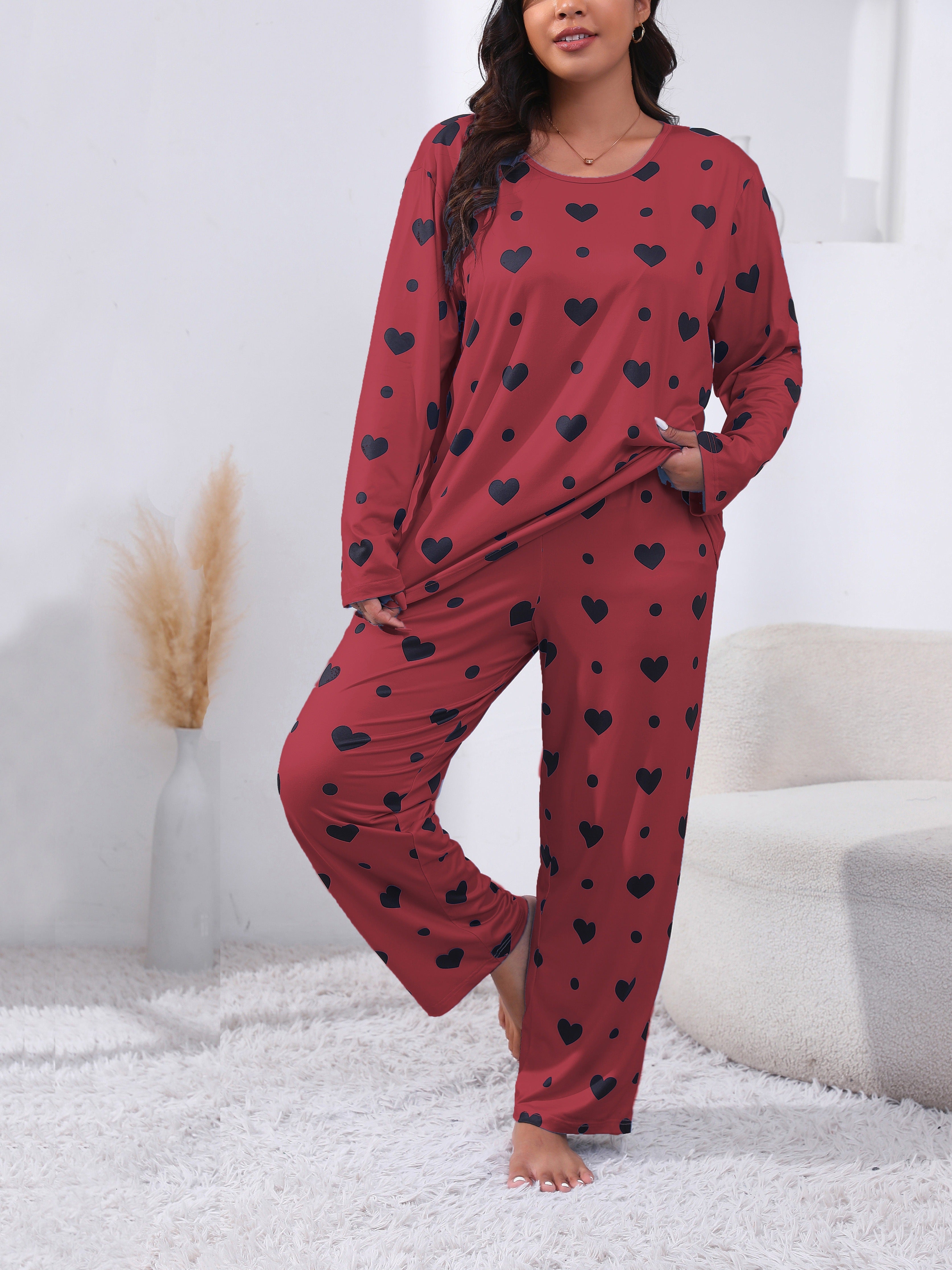 Plus Size Women's Pajama Set Long Sleeve Heart Print Lounge Two Piece