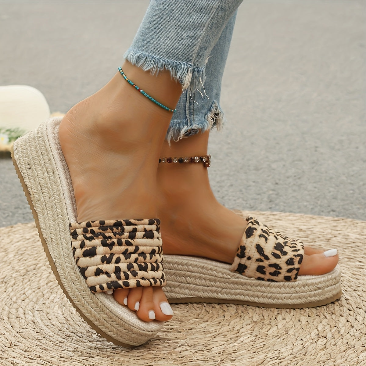 Women Woven Outdoor Slippers Summer Wedge Heels Platform Beach Sandals