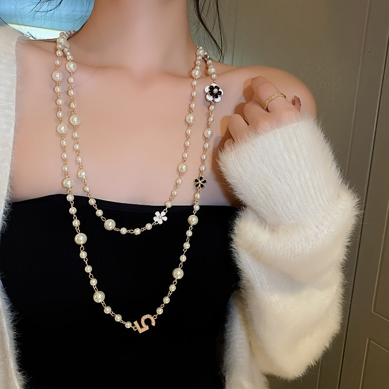 Vintage-Inspired Long Chain Necklace with Faux Pearls and Multilayered Design