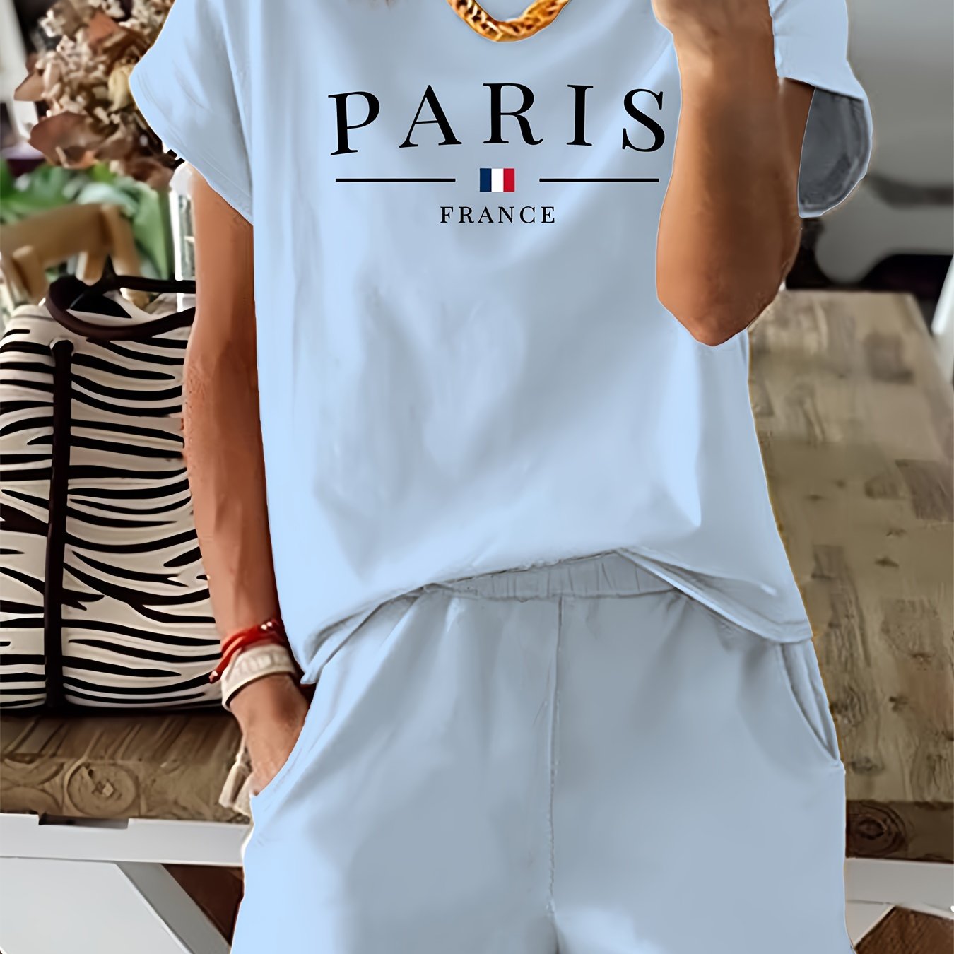 Women's Two-Piece Set with Paris Letter Print Short Sleeve T-Shirt and Shorts Polyester Elastane All-Season