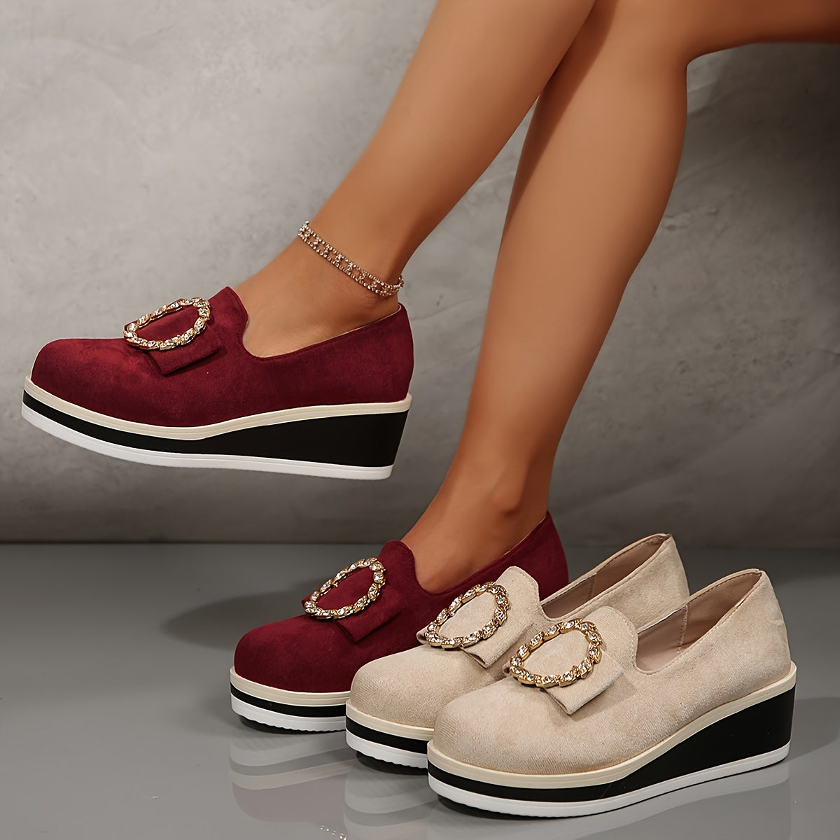 Women’s Wedge Sneakers Solid Color Slip-On Shoes Sequin Flannel Upper