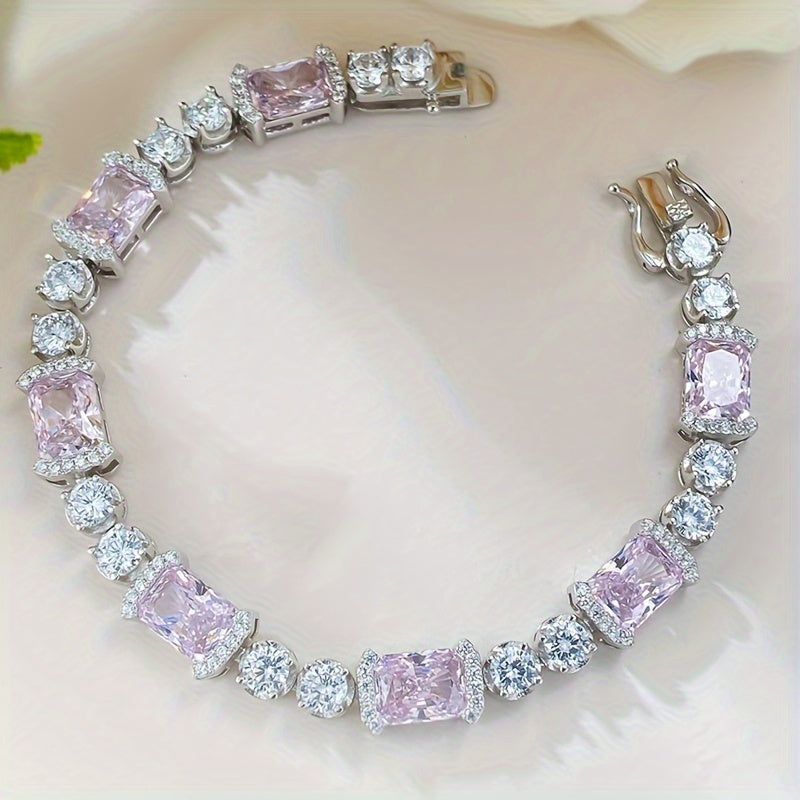 Sterling Silver Bracelet with Pink Cubic Zirconia for Women and October Birthdays
