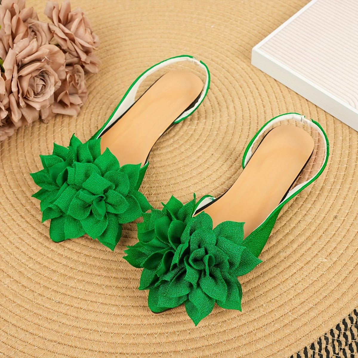 Women's Black Fabric Flat Sandals with Double Flower Embellishment