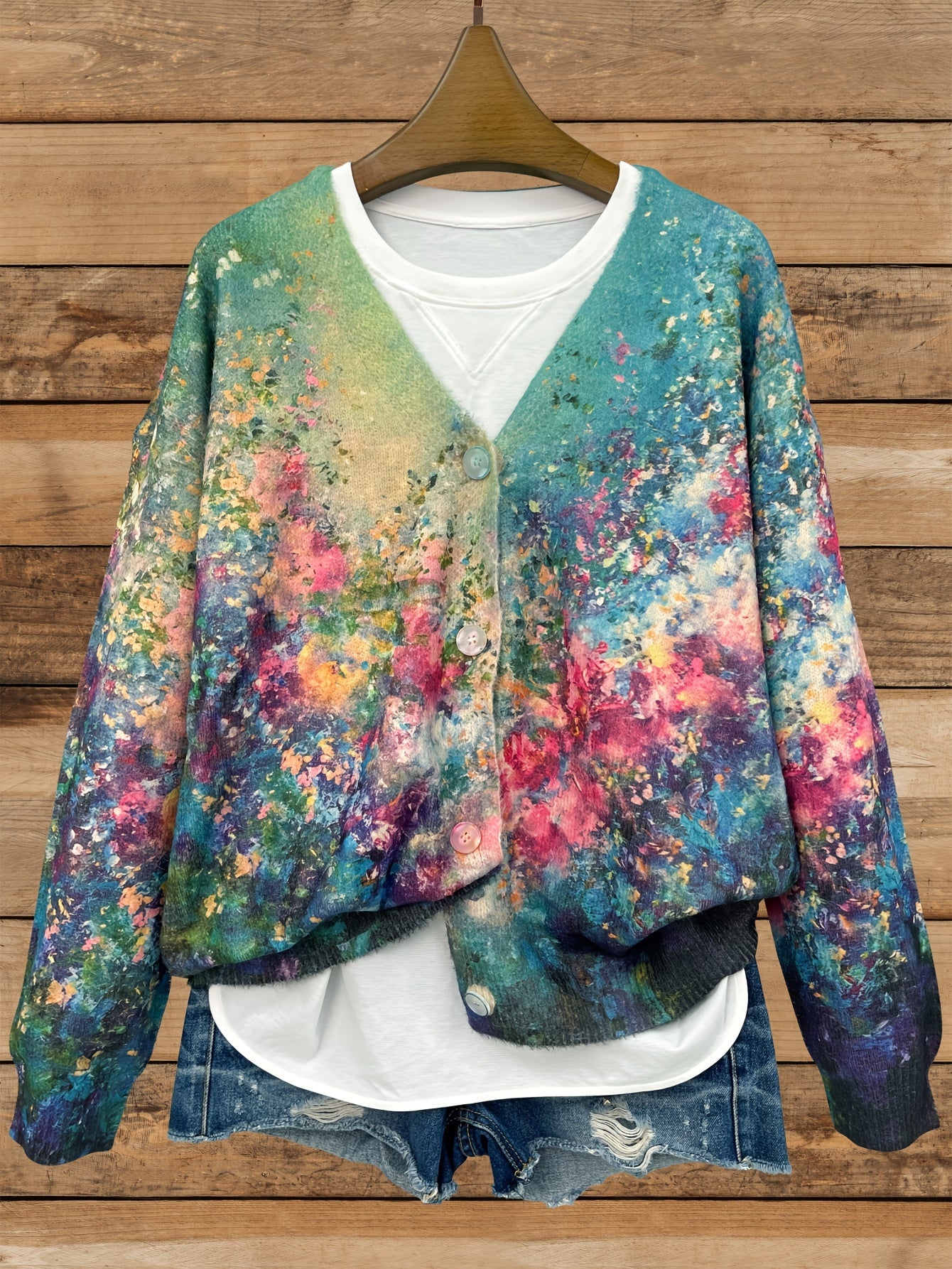Plus Size Women's V-Neck Cardigan Long Sleeve Abstract Print Sweater