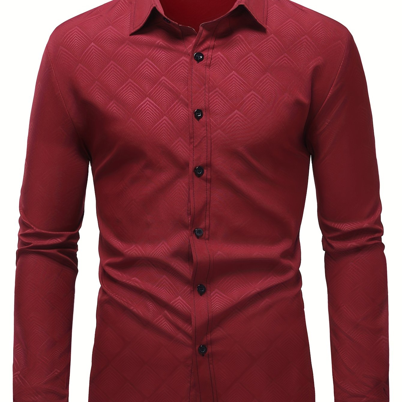 Ijodiy herringbone naqshli bosma ko'ylak, plussiz erkaklar uchun tor kesim. Biznes/rasmiy tadbirlar uchun mos.