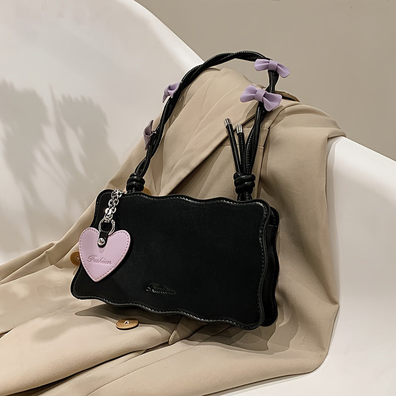 PU Leather Baguette Shoulder Bag with Butterfly Bow Accents Water-Resistant Zipper Closure