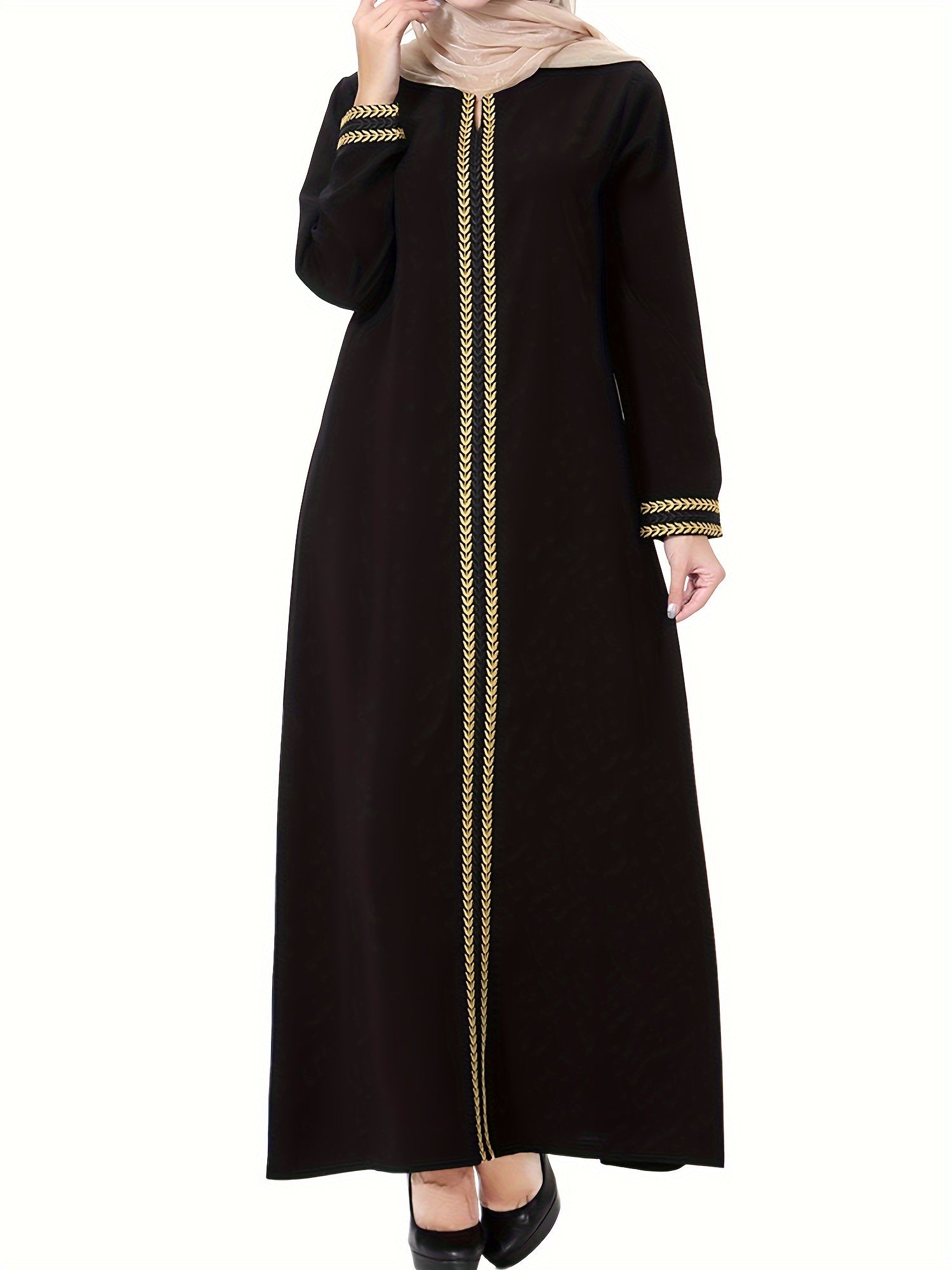 Modest Ramadan Dress with Golden Trim Long Sleeves Woven Polyester