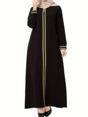 Modest Ramadan Dress with Golden Trim Long Sleeves Woven Polyester
