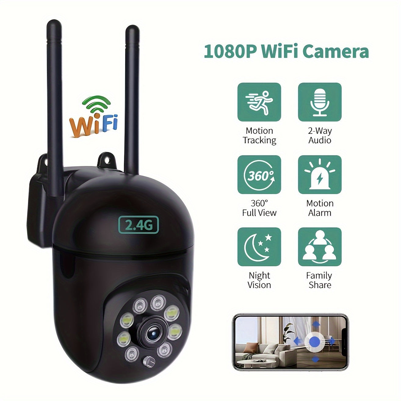 1080P HD WiFi Security Camera with Pan-Tilt 355° Two-Way Audio Night Vision Remote Monitoring