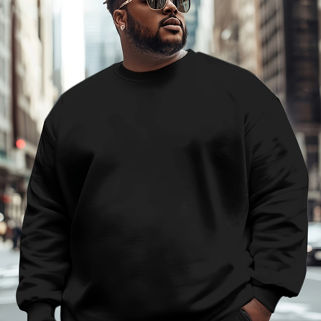 Sudadera de cuello redondo con forro de felpa para hombre talla grande con capucha, color sólido, tela elástica