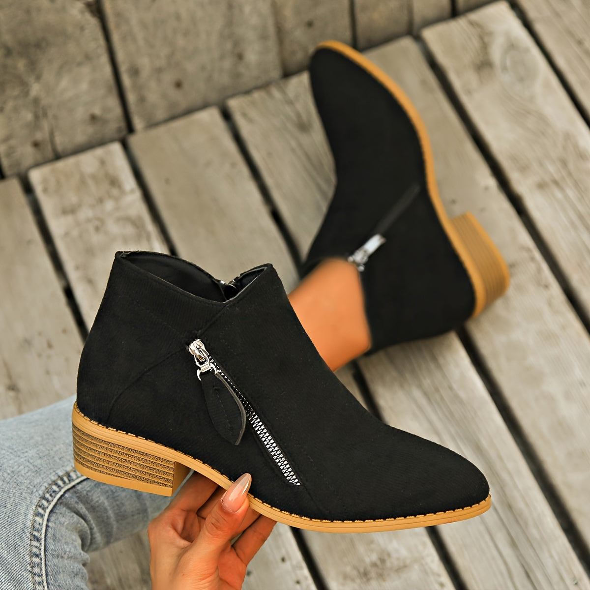 Women's Ankle Boots Retro Solid Color Casual Leather Footwear with Chunky Heel