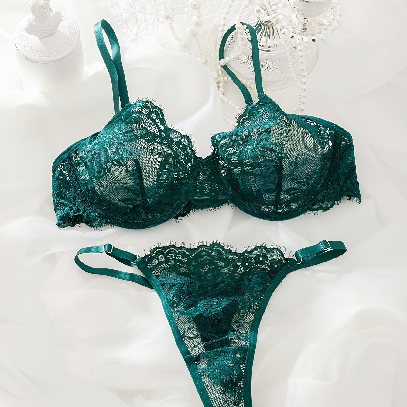 Women's Floral Lace Lingerie Set with Bra and Thong for Women