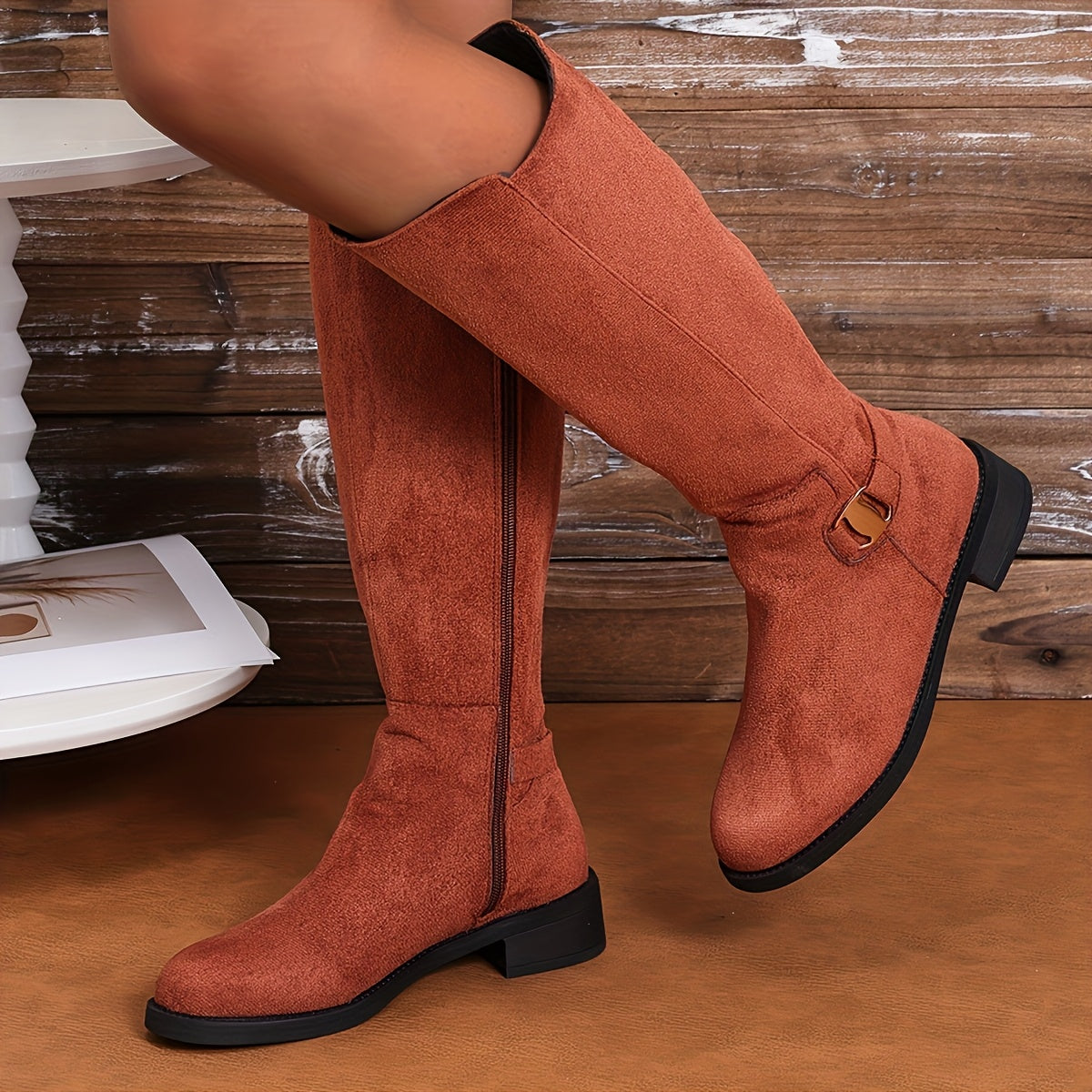 Women's Black Faux Cover Knee-High Boots with Buckle Zipper Pointed Toe