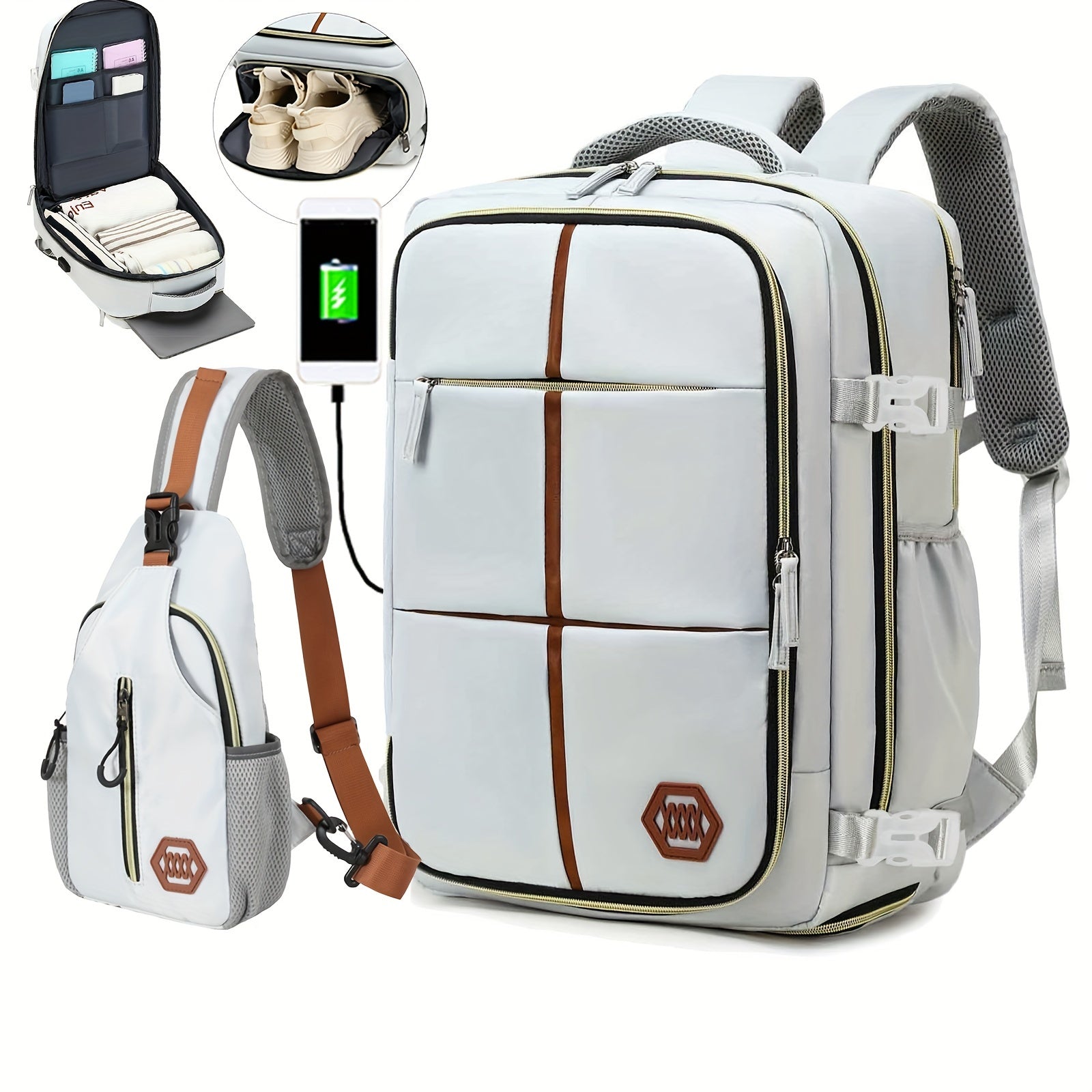 Unisex Travel Backpack with Shoe Compartment and Laptop Sleeve Polyester Grey