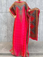 Платье макси для женщин больших размеров с геометрическим принтом, рукав-крыло и свободным кроем, красно-черное