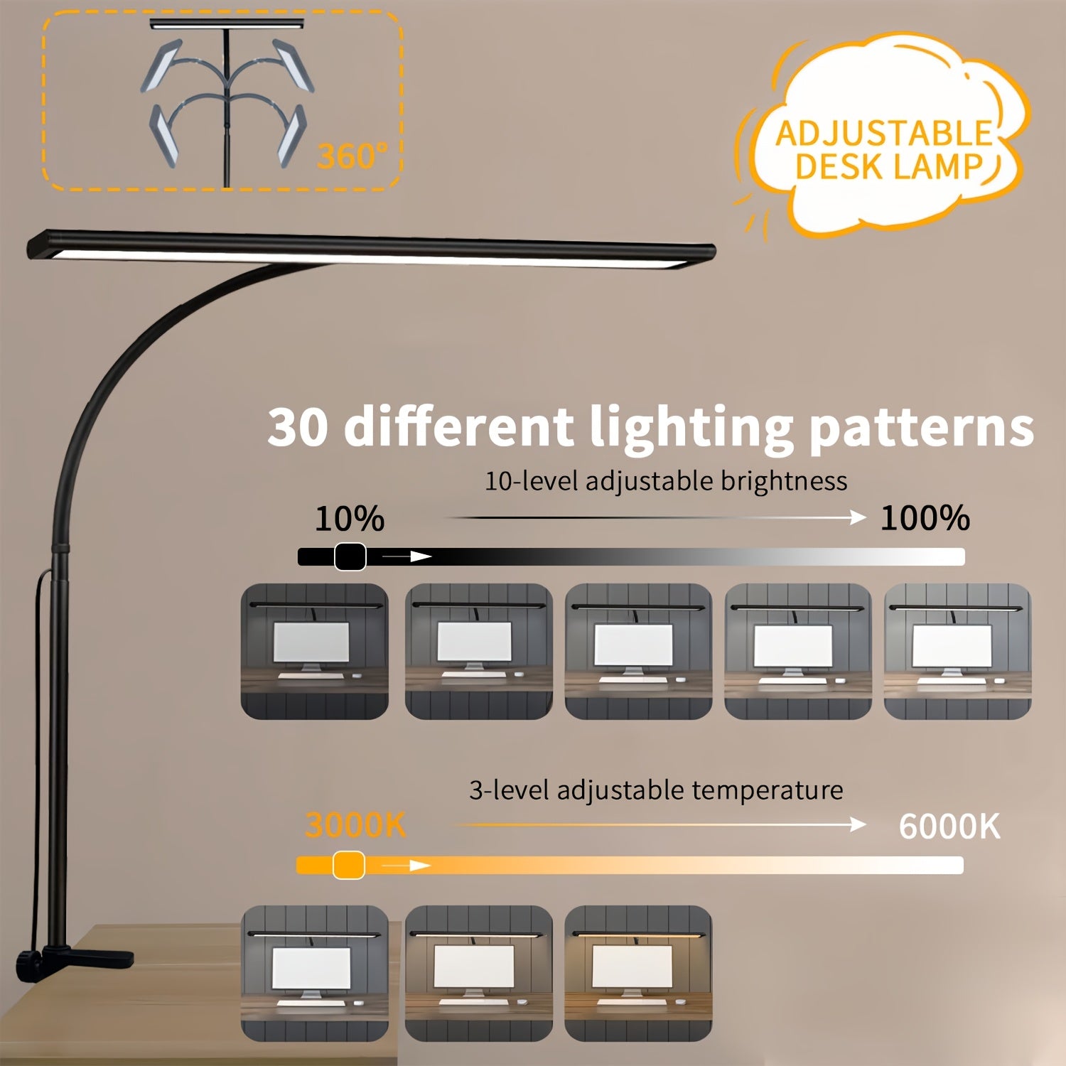 Qora LED ish stoli lampasi bilan qisqich, sozlanadigan yoritish va USB quvvatlantirish
