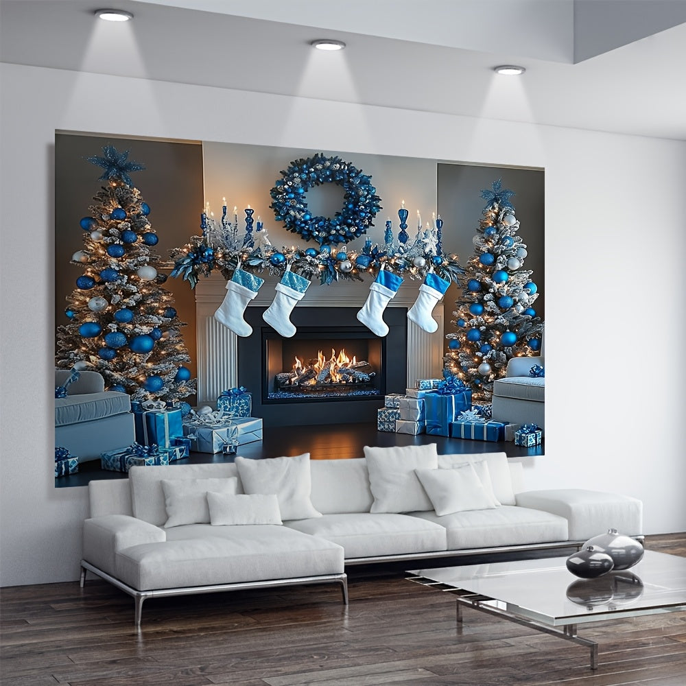 Blue and White Fireplace Backdrop Polyester Decor Multi-Season Wall Covering