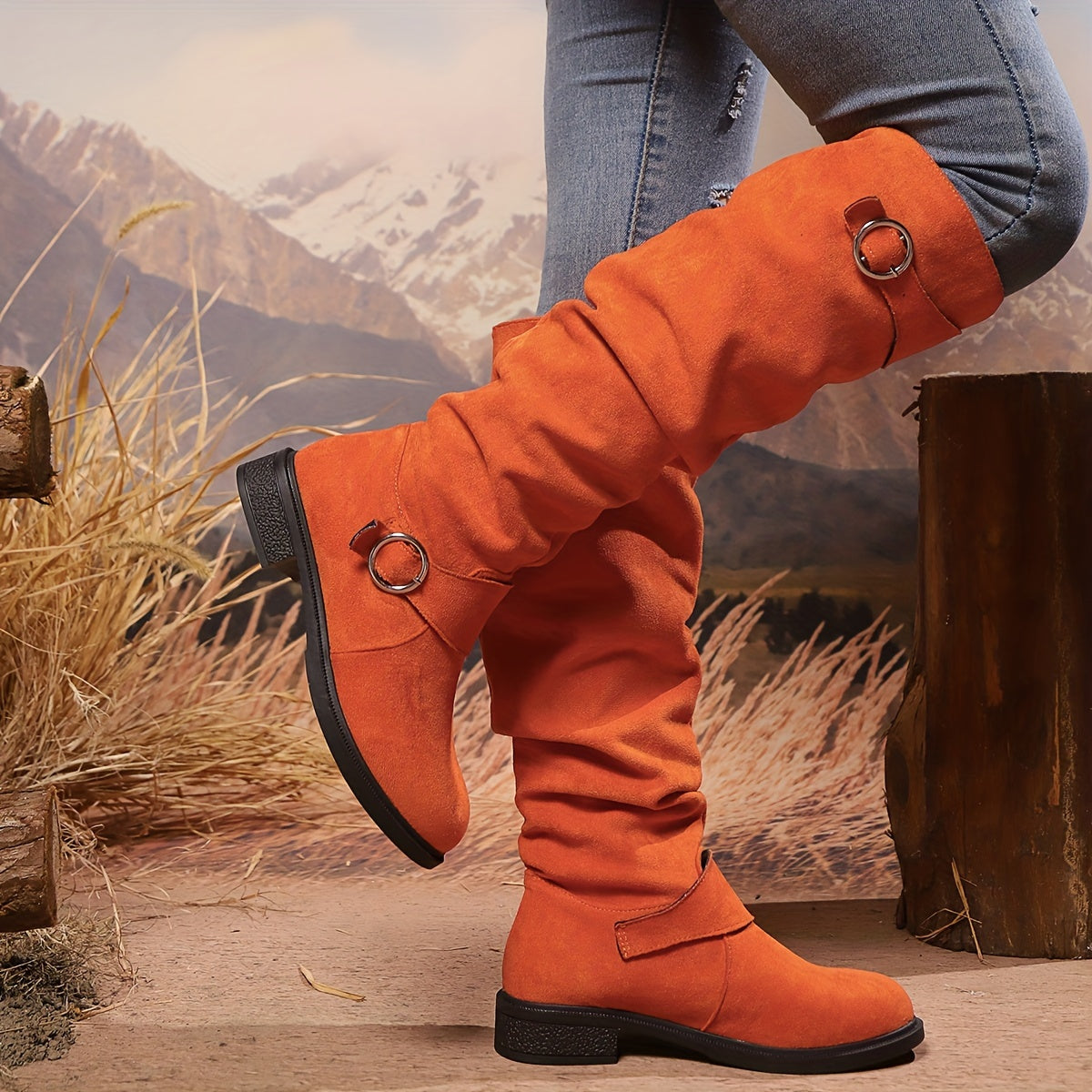 Women's Leather Button Pleated High Top Knee Boots