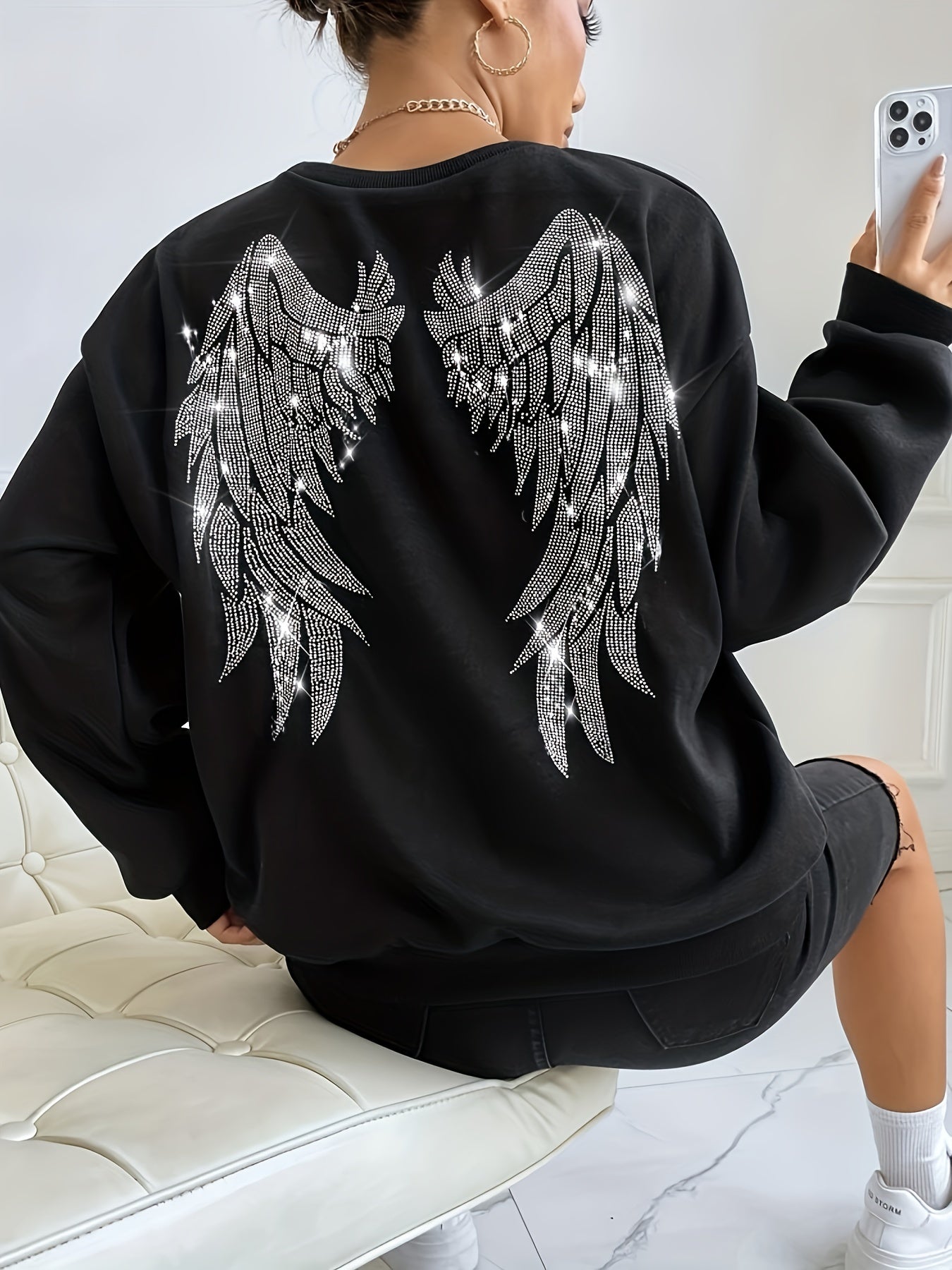 Women's Rhinestone Winged Shoulder Sweatshirt with Sparkle Details