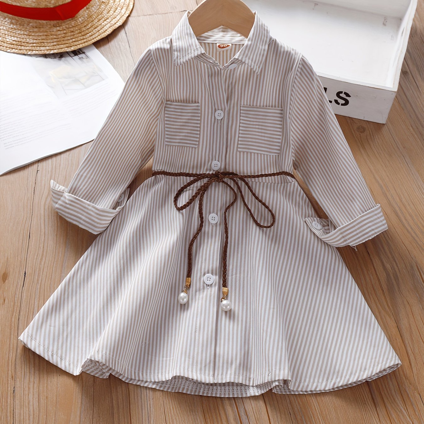 Girls' Striped Cotton Blend Shirt Dress with Pockets for Spring Summer Fall, One Size Smaller