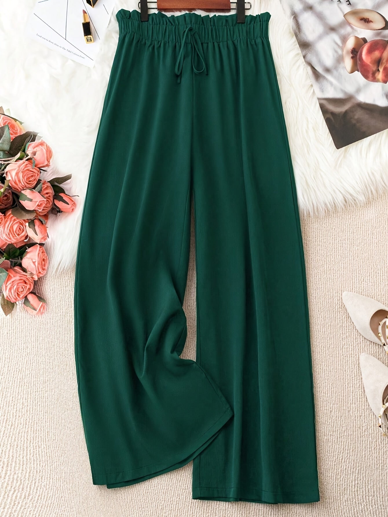 Women Green Wide-Leg Pants High-Waist Tie Lightweight Polyester