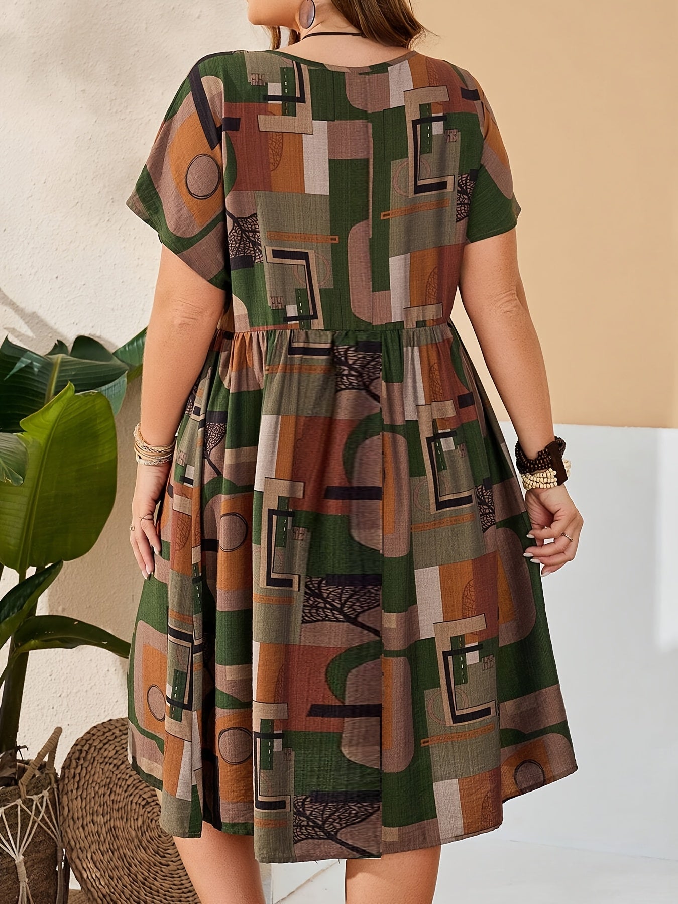 Plus Size Summer Dress with Crew Neck Short Sleeves Random Print Polyester Long Length