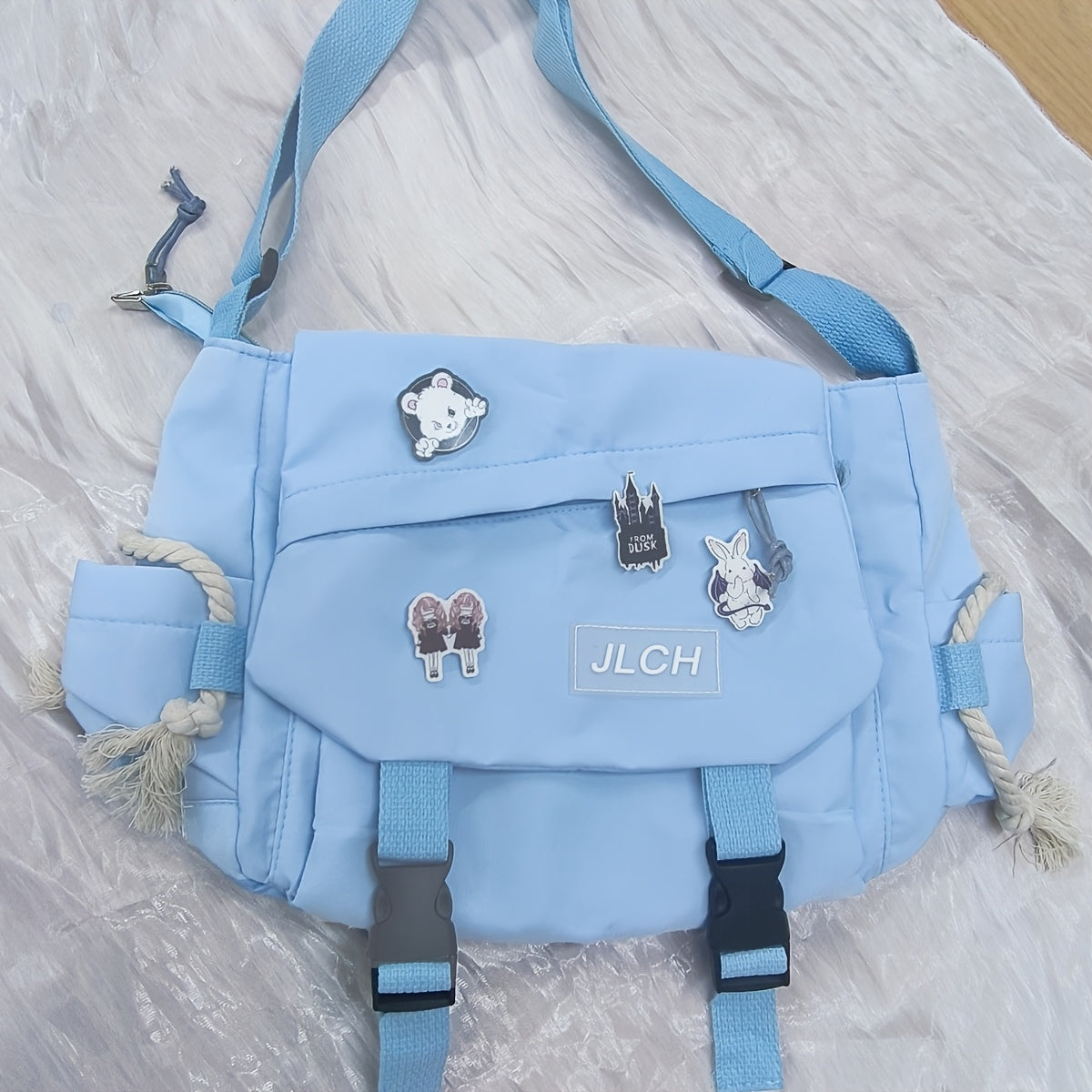 Unisex Canvas Shoulder Bag with Adjustable Strap for School Travel and Daily Use in White Pink Blue Black