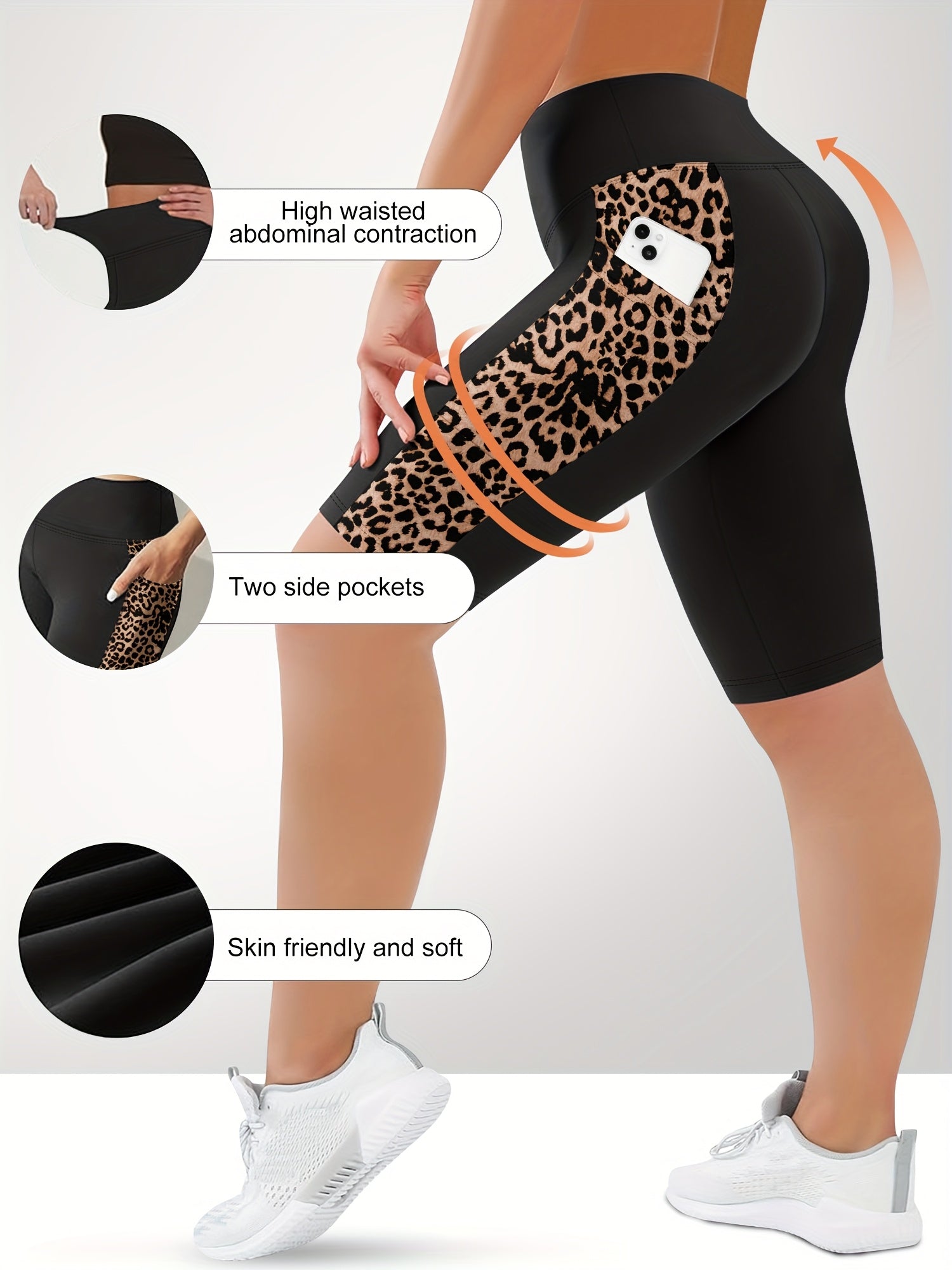 Pantalones cortos de yoga de cintura alta para mujer con control de abdomen, estampado de leopardo negro, transpirables, para verano, entrenamiento