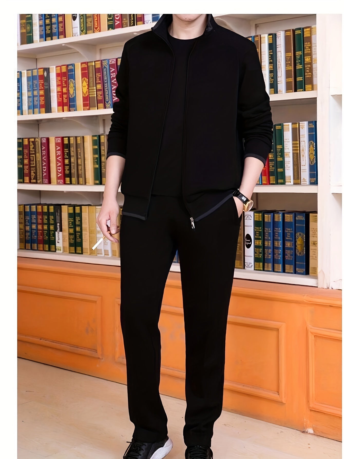 Men's Knit Tracksuit Set Solid Color Polyester Blend Autumn Winter Stretch Fit Zip Closure