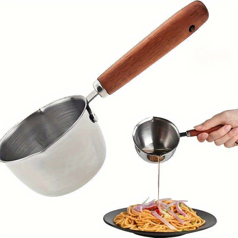 Small Stainless Steel Butter Warmer with Wooden Handle for Melting Chocolate and Cheese