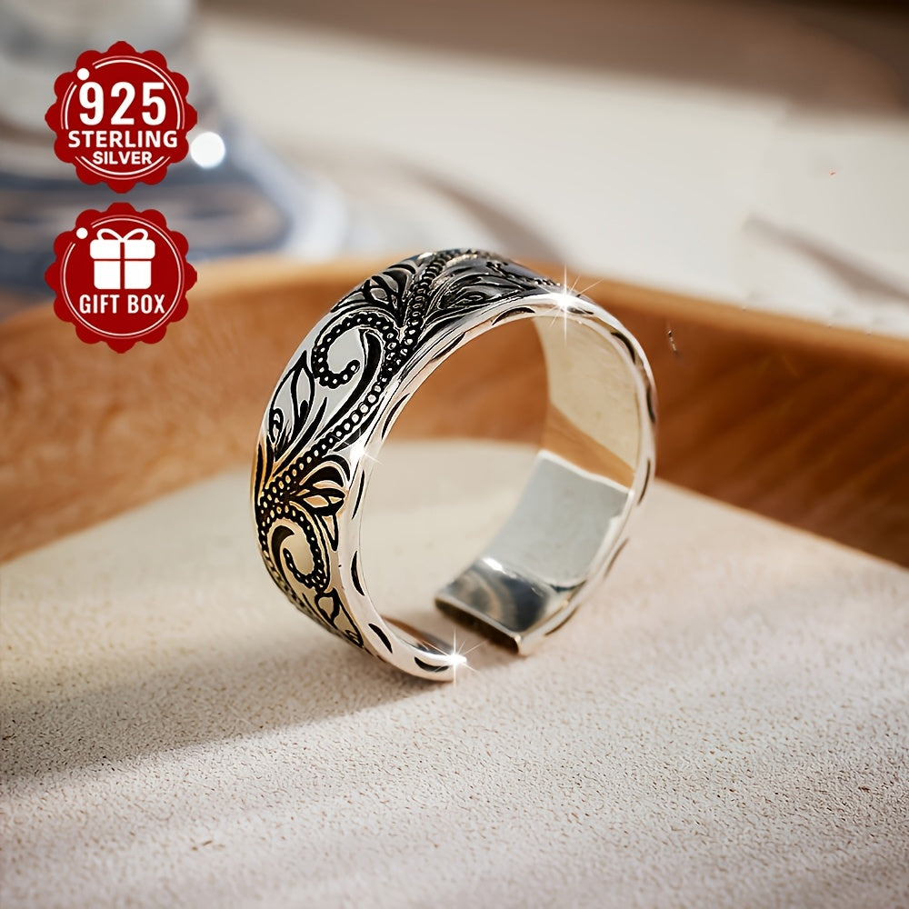 Anillo de plata de ley bohemio ajustable con diseño de hoja de encaje, hoja y flor, unisex