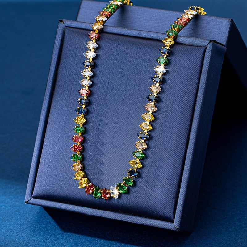 Women’s Boho Zirconia Necklace Vintage Gold Plated Collarbone Chain Colorful Jewelry