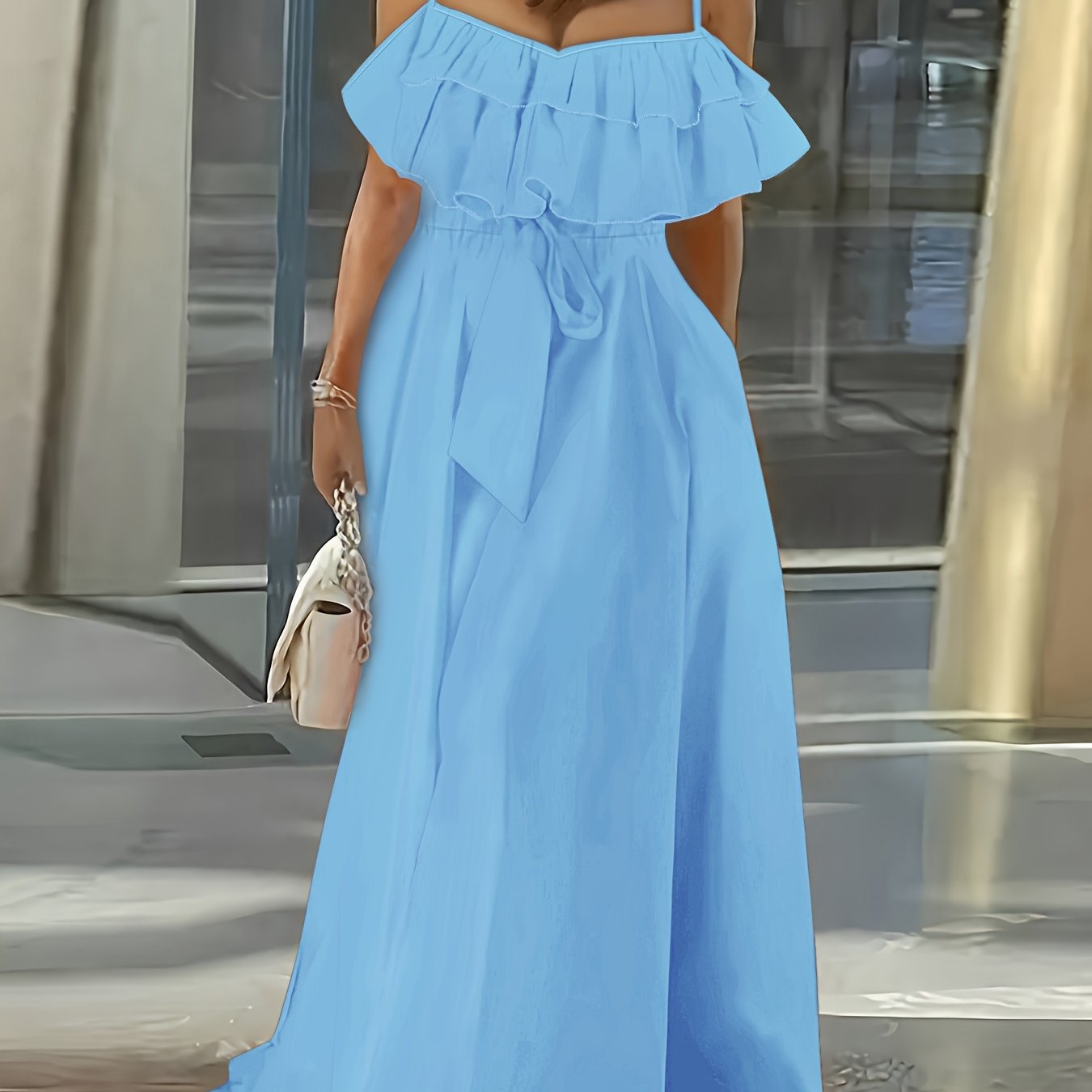 Women's Sleeveless Maxi Dress with Ruffle Trim and Tie Waist Polyester Elegant Spring Summer