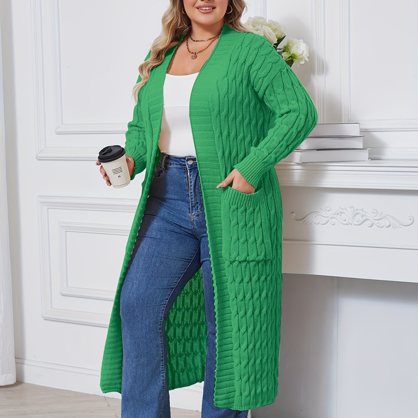 Plus Size Open Front Cardigan with Pockets Long Sleeves Women's Casual Winter Knit Polyester