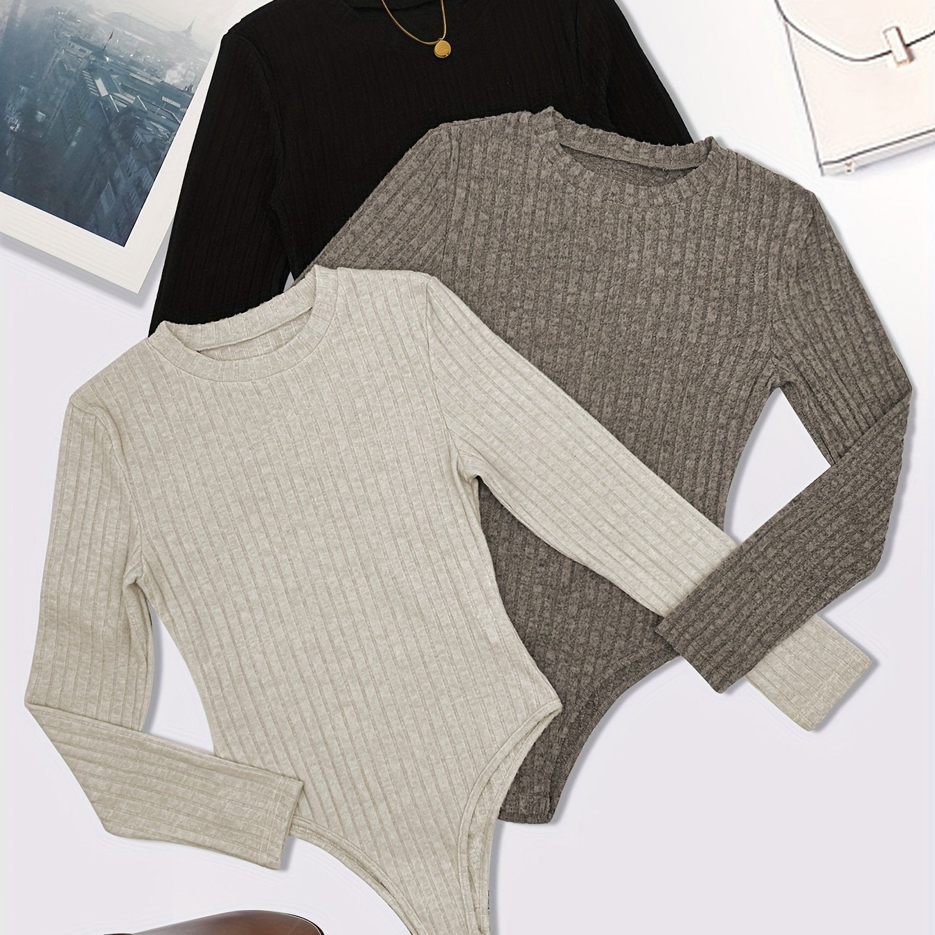 Women's Plus Size Ribbed Long Sleeve Bodysuit 3 Pack Solid Black White Navy