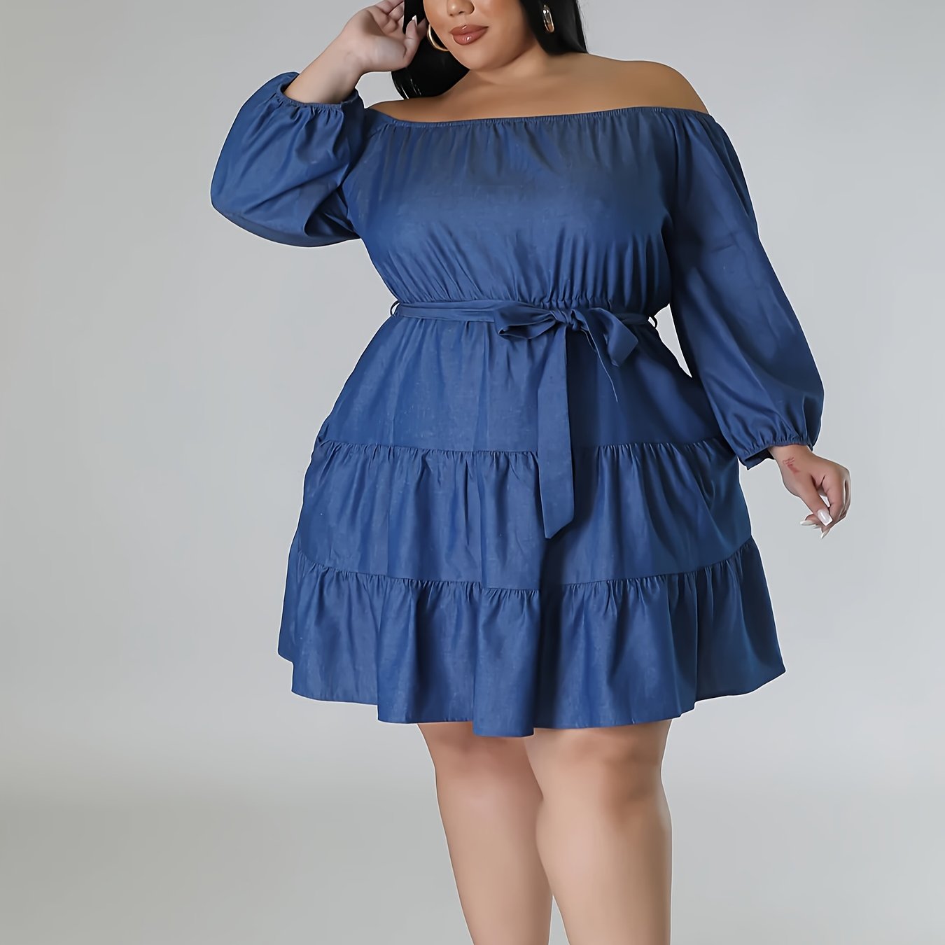 Plus Size Women's Denim Off-Shoulder Tiered Dress Casual Formal All-Season